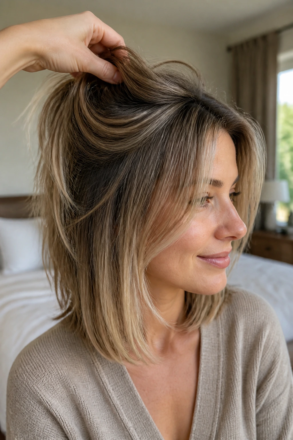 Close-up of a real woman showing invisible layers in fine hair.