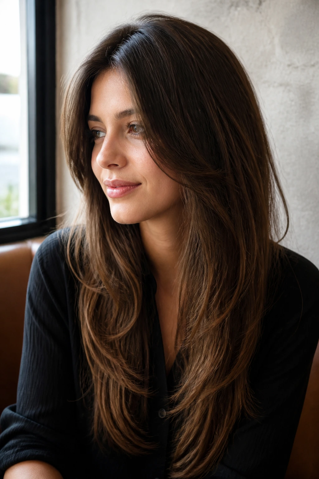 Close-up portrait of a real woman with invisible layers for fine hair in natural light