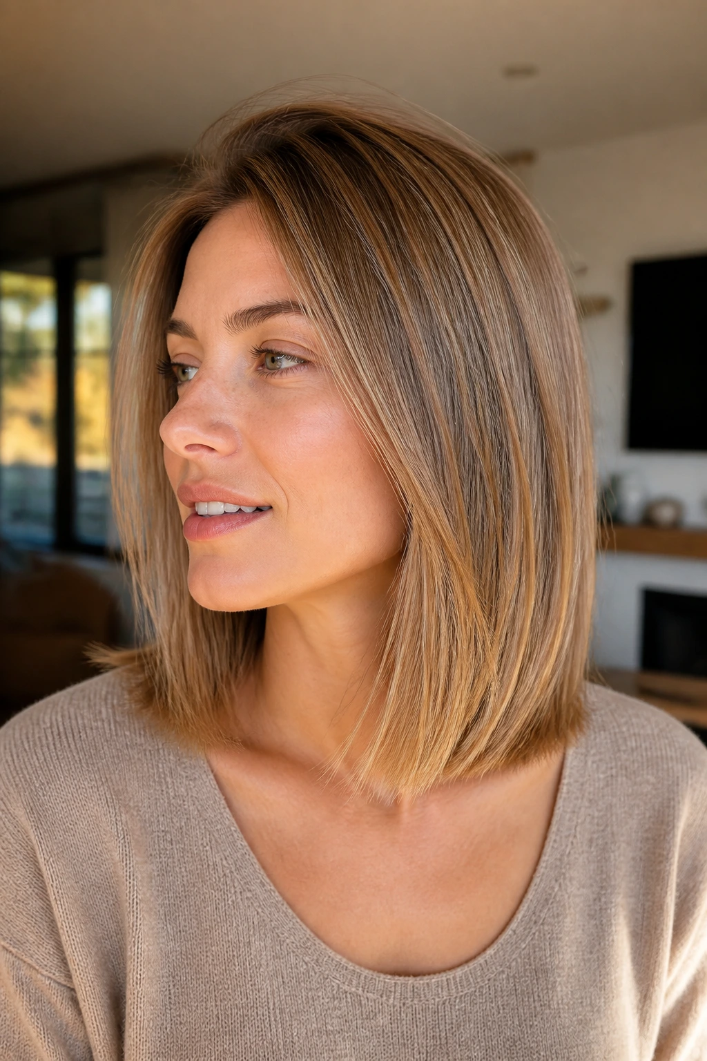 Close-up of a real person with fine mid-length hair showing invisible layers, natural window light