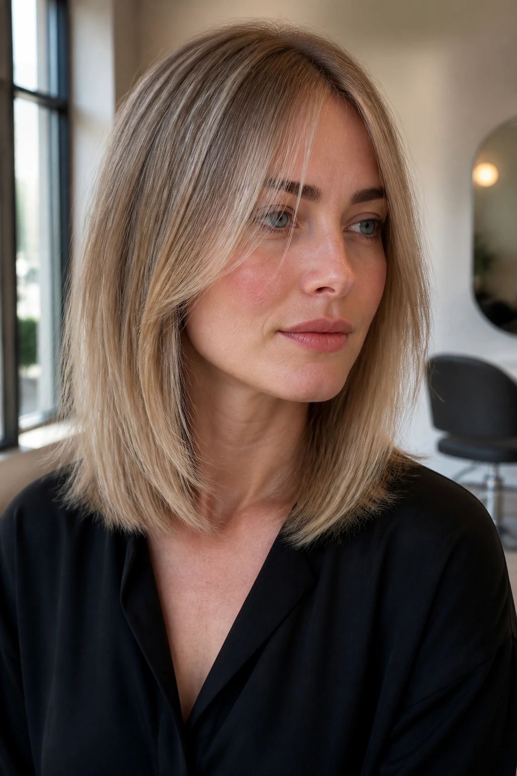 Close-up portrait of a real woman with fine hair showing subtle internal layers and a blunt outer line in a salon setting