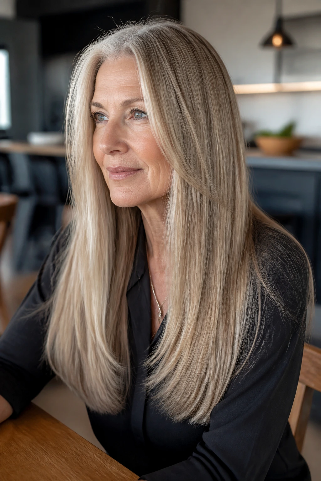 Real woman with invisible layers in long straight hair showing subtle lift