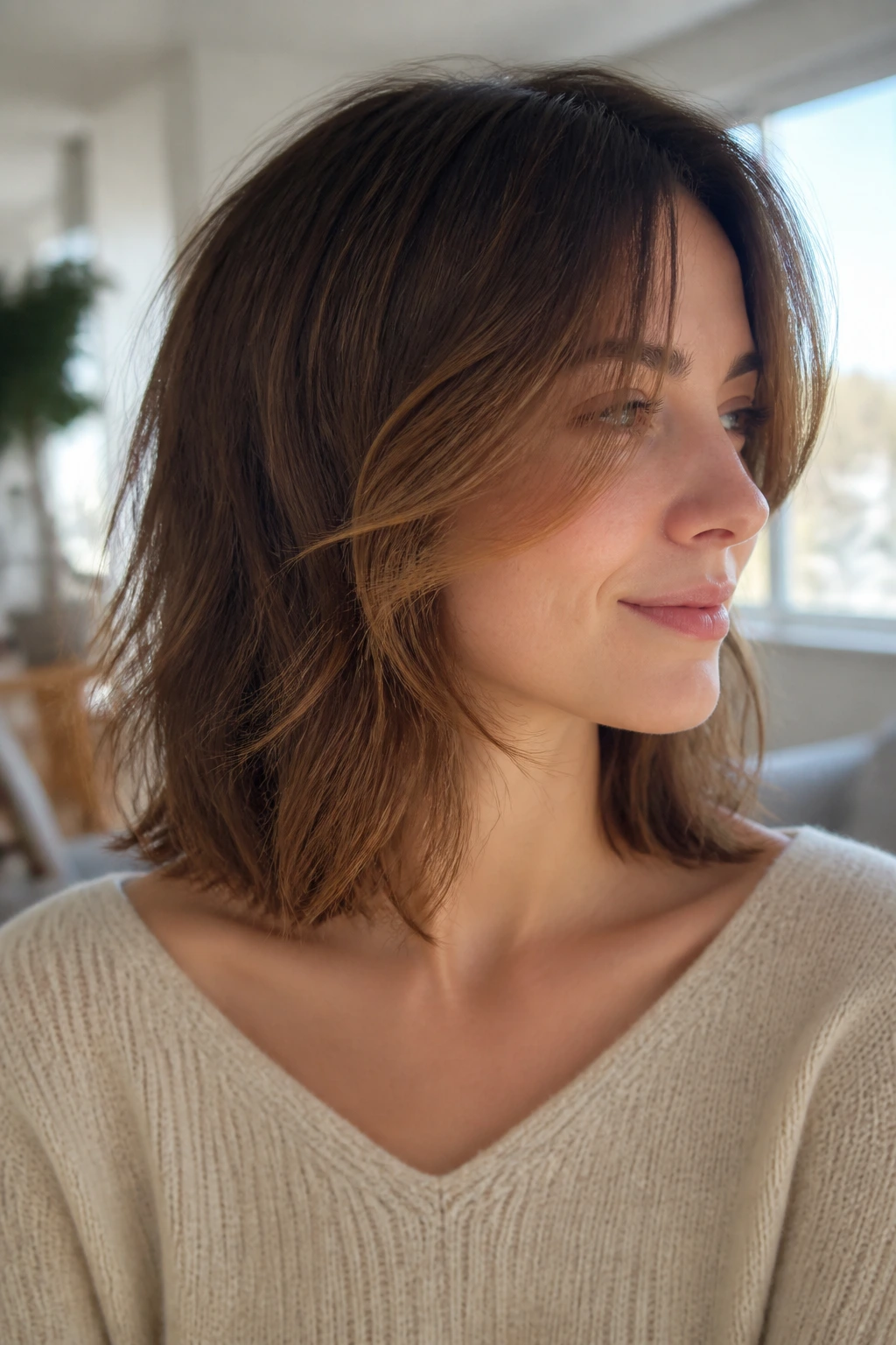 Portrait of real person with invisible layers on fine hair and natural window light.