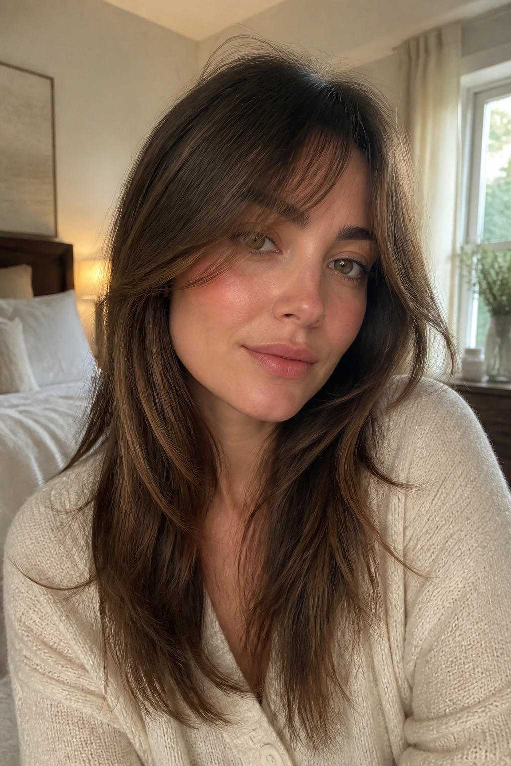 Close-up of a real woman with invisible layers fringe in a cozy bedroom