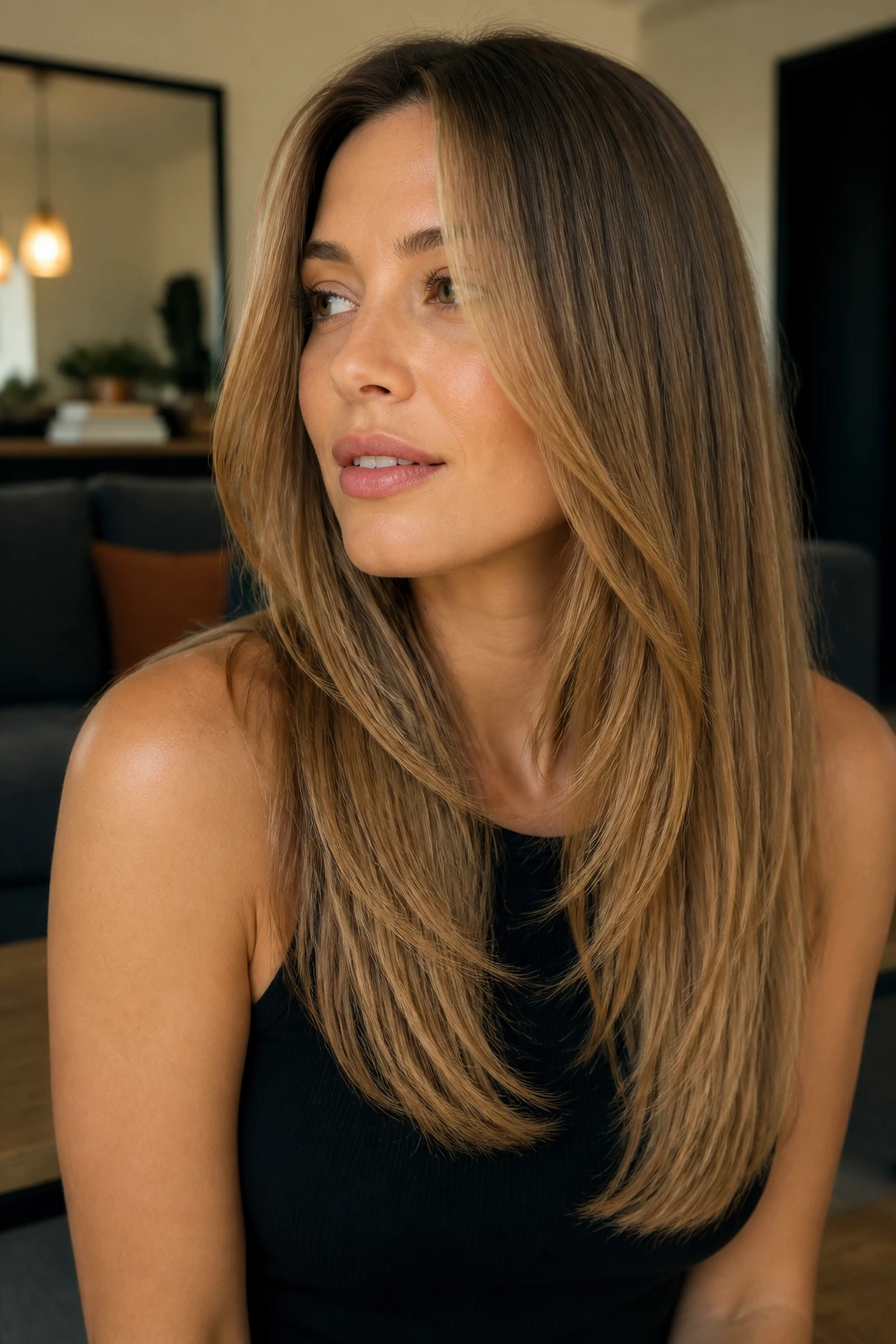 Close-up of a real woman with long invisible-finish layers in soft lighting