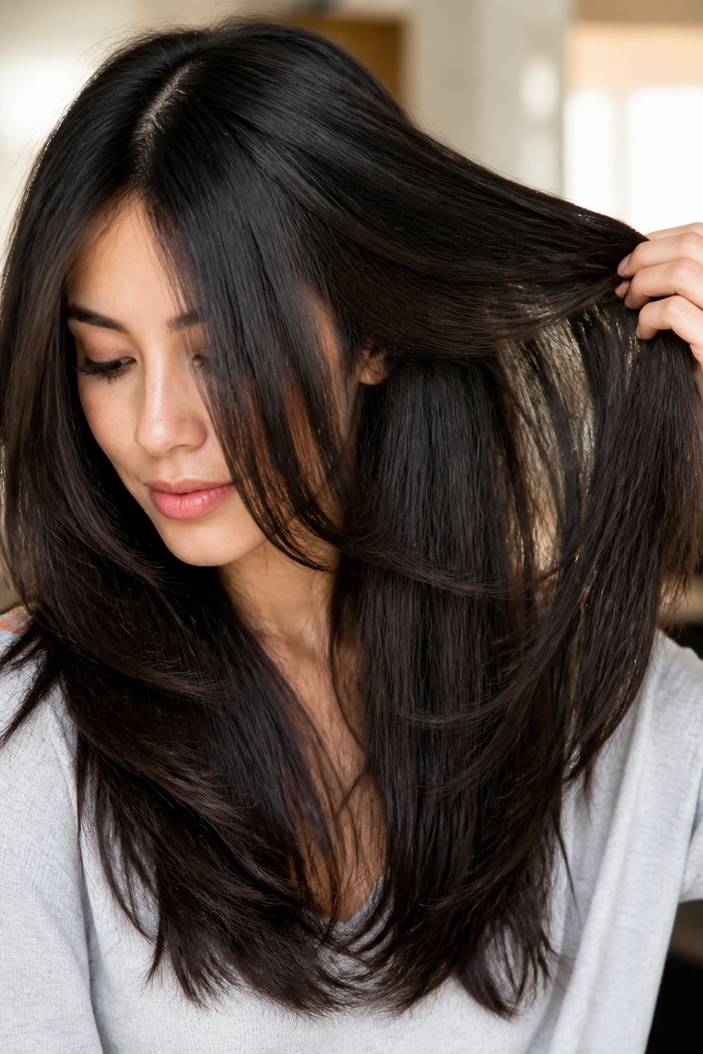 Close-up portrait of a real person showing invisible inner layers in thick hair