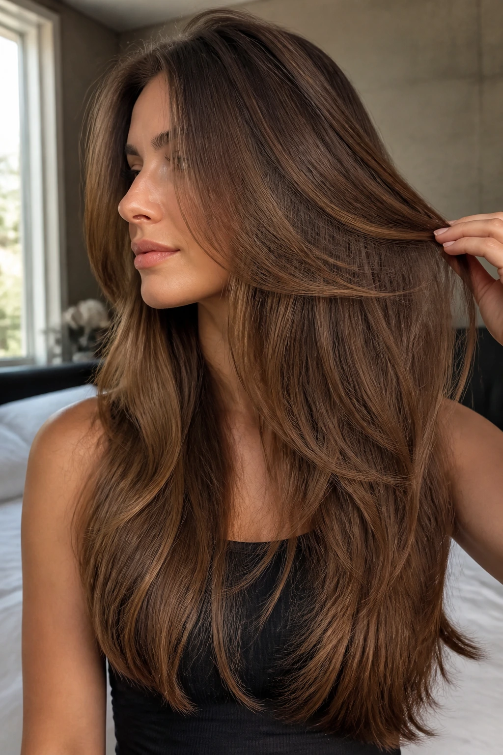 Close-up of a real woman with long hair and invisible inner layers