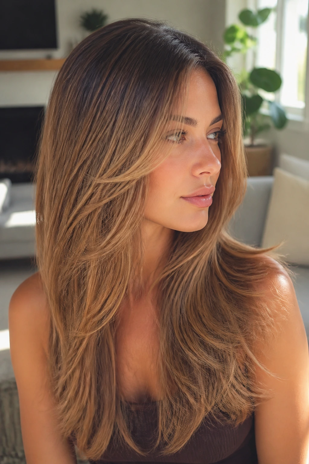 Close-up of real person with long hair showing hidden layers in a bright living room