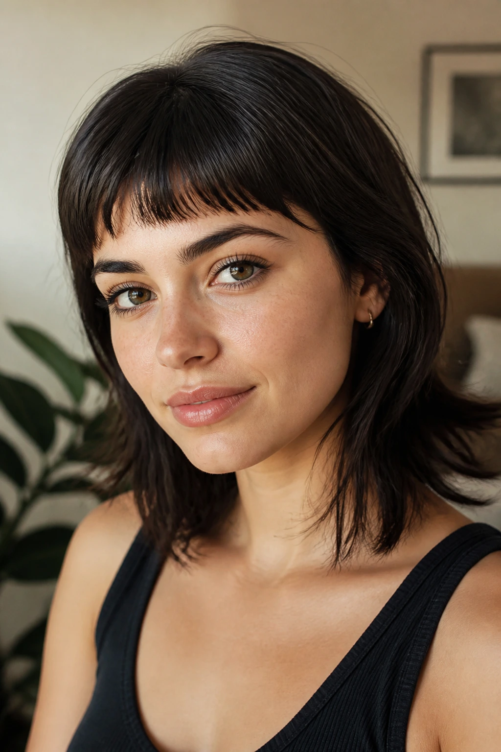 Close-up of a person showing micro bangs with invisible layers creating movement