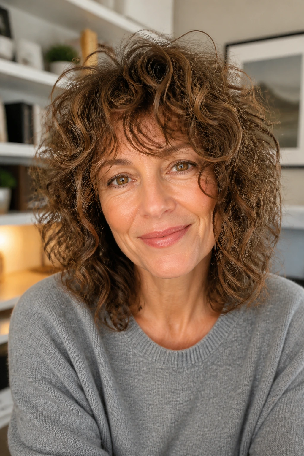 Close-up portrait of a real woman with invisible-layer mid shag