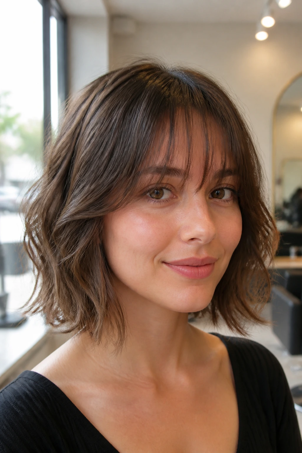 Real woman with invisible-layer shag and see-through bangs in a bright modern salon