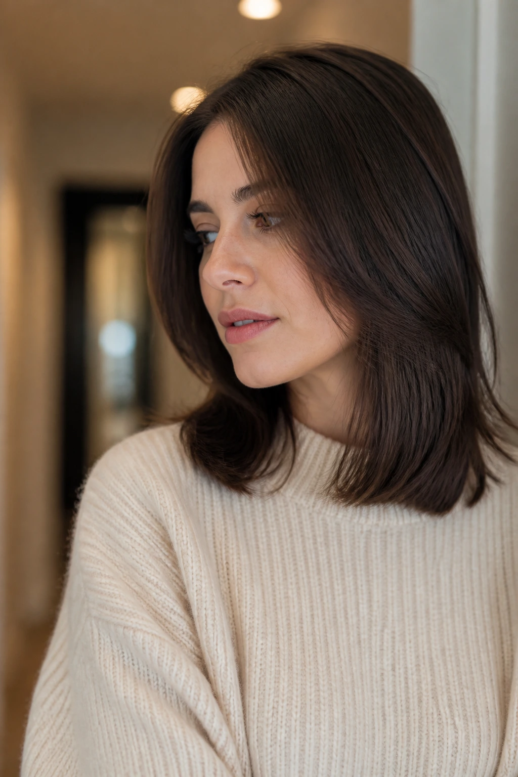 Shoulder-length hair with invisible wispy layers and smooth outer line.