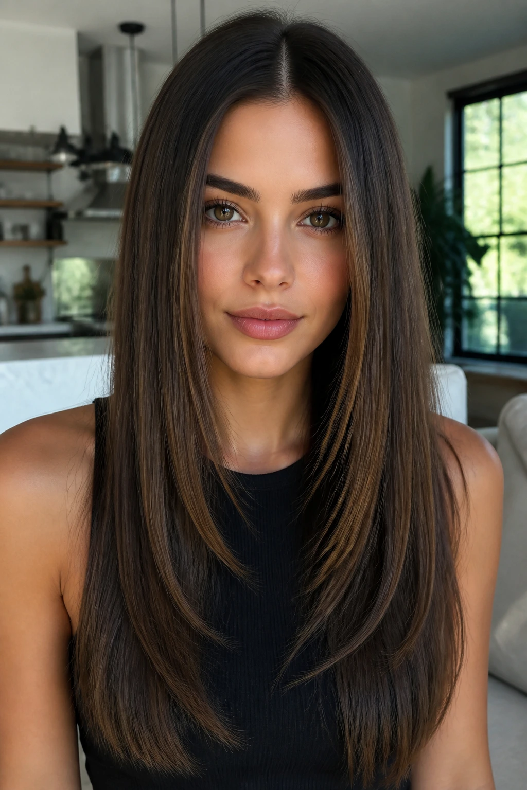 Portrait of a real woman with straight hair showing invisible layers, soft natural lighting.