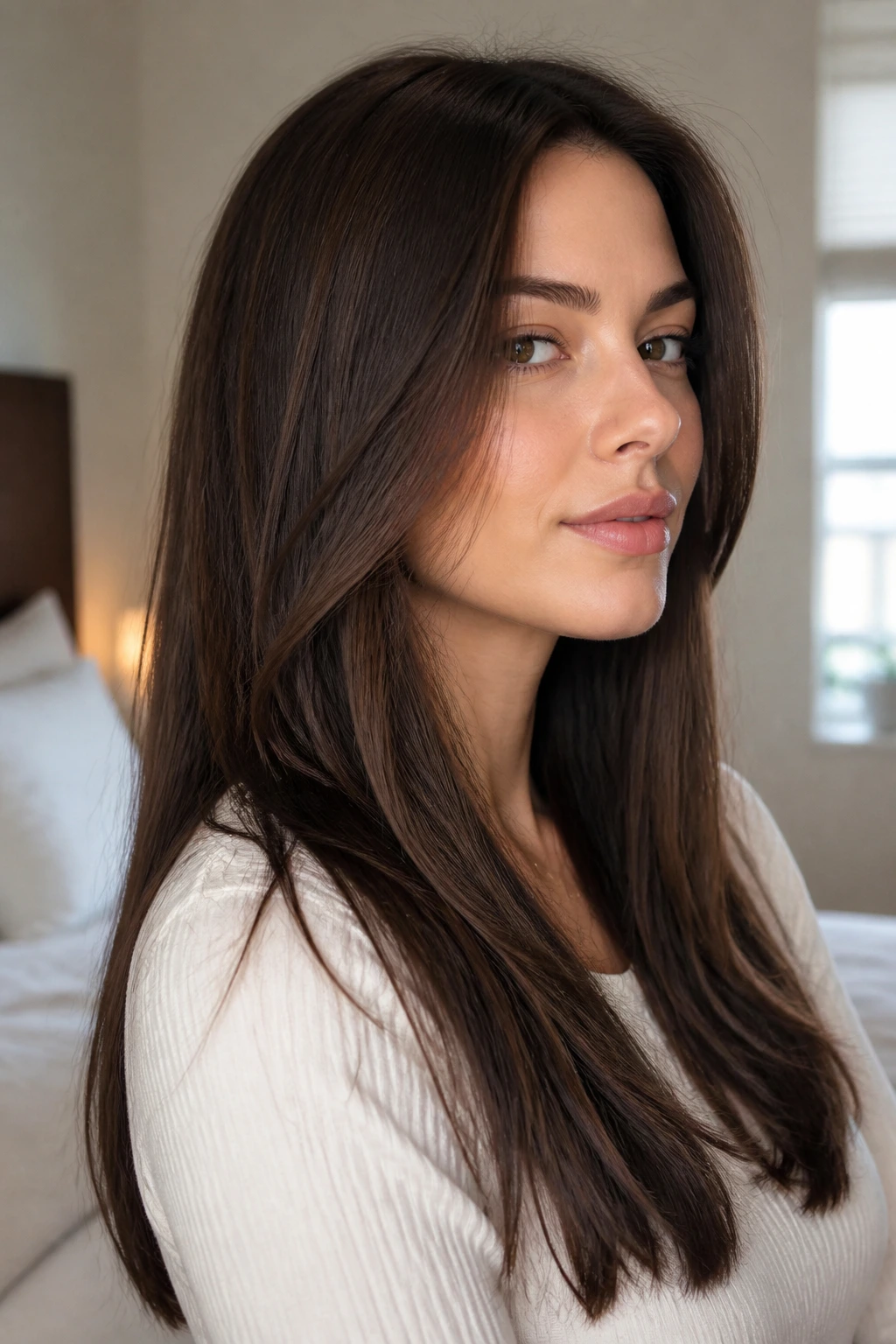 Close-up portrait of a real woman with invisible inner layers in straight thick hair, warm window light