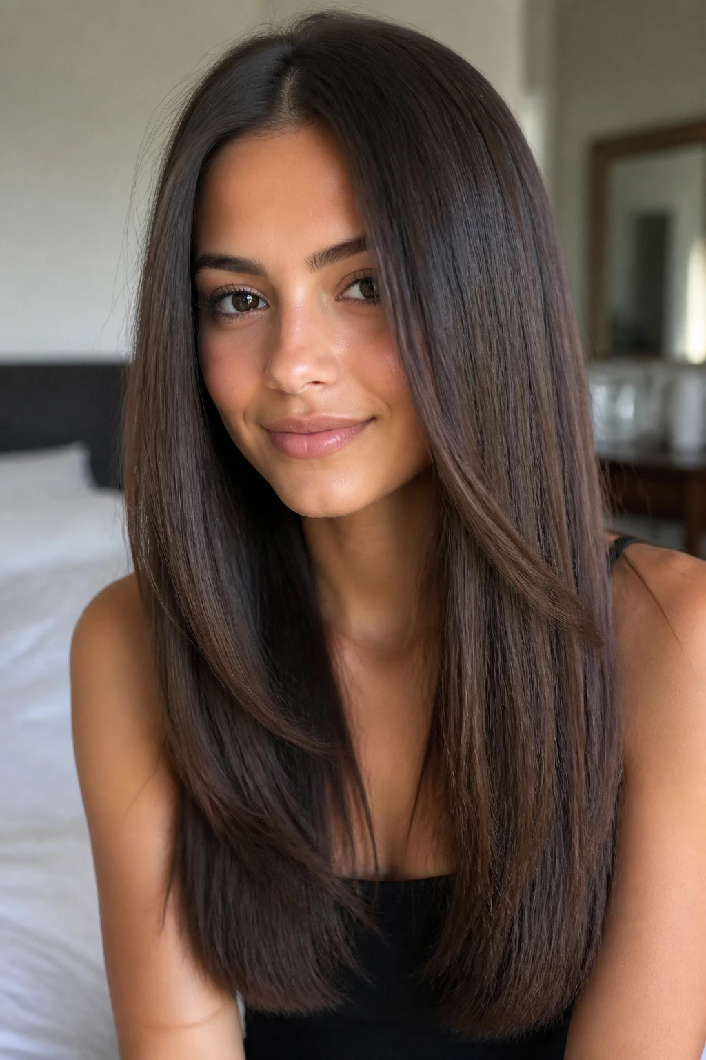 Close-up of a real woman with invisible layers giving soft movement in thick hair