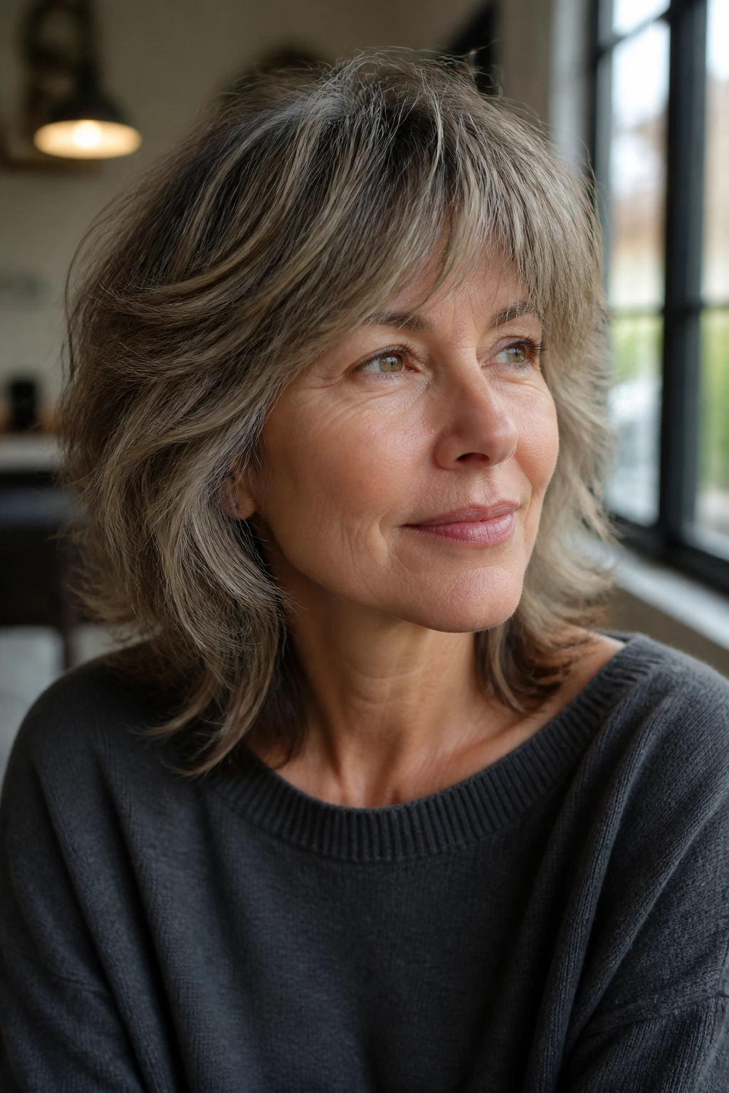 Close-up of a real woman with Tousled Shag with Invisible Layers showing movement and soft edges.