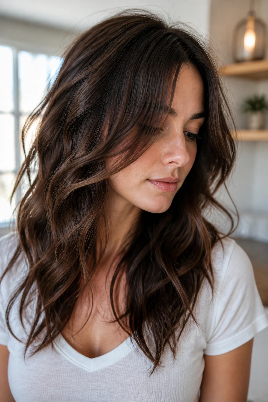 Close-up portrait of a person with invisible layers creating movement in wavy hair