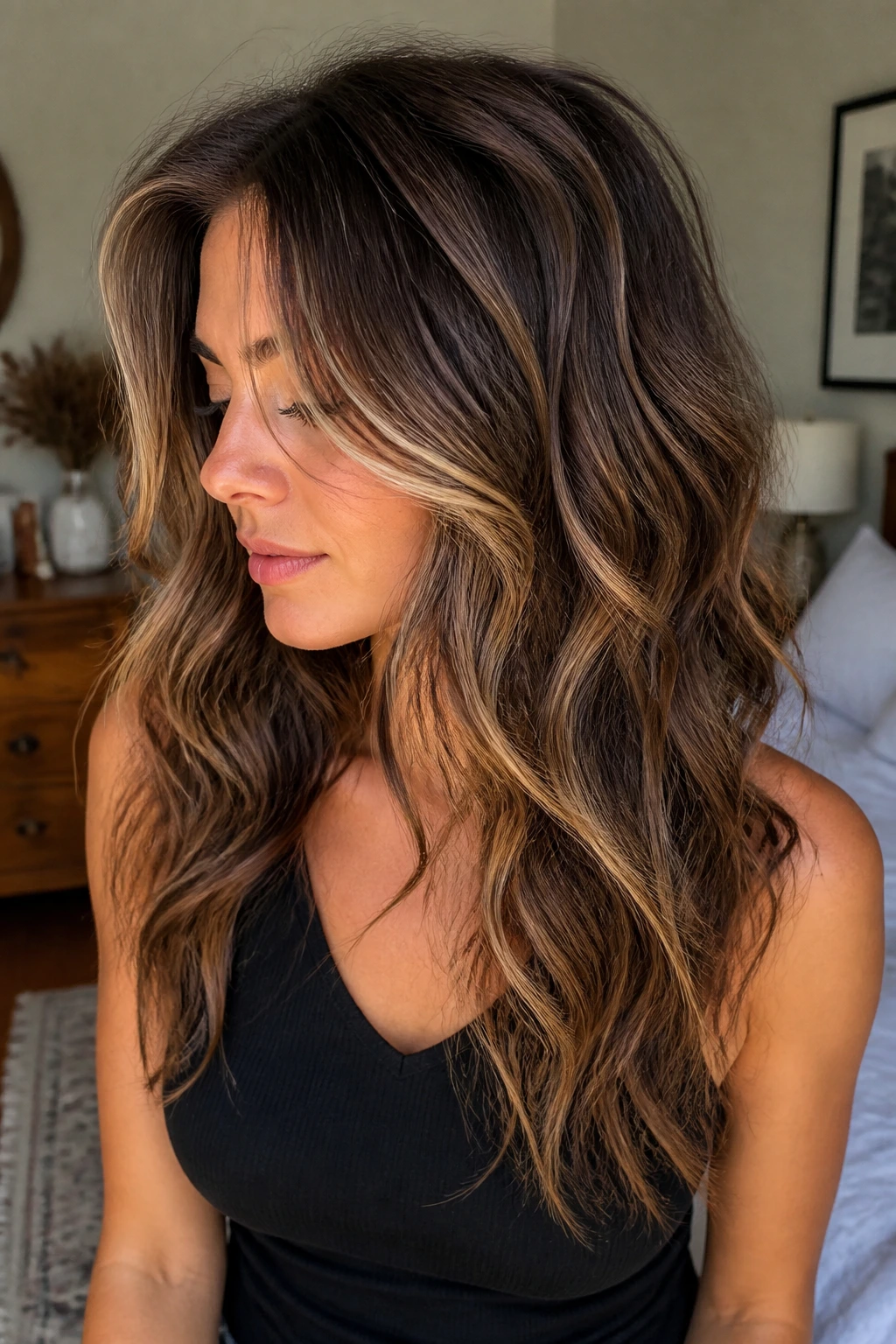 Close-up portrait of a real woman with wavy hair showing invisible inner layers and smooth perimeter