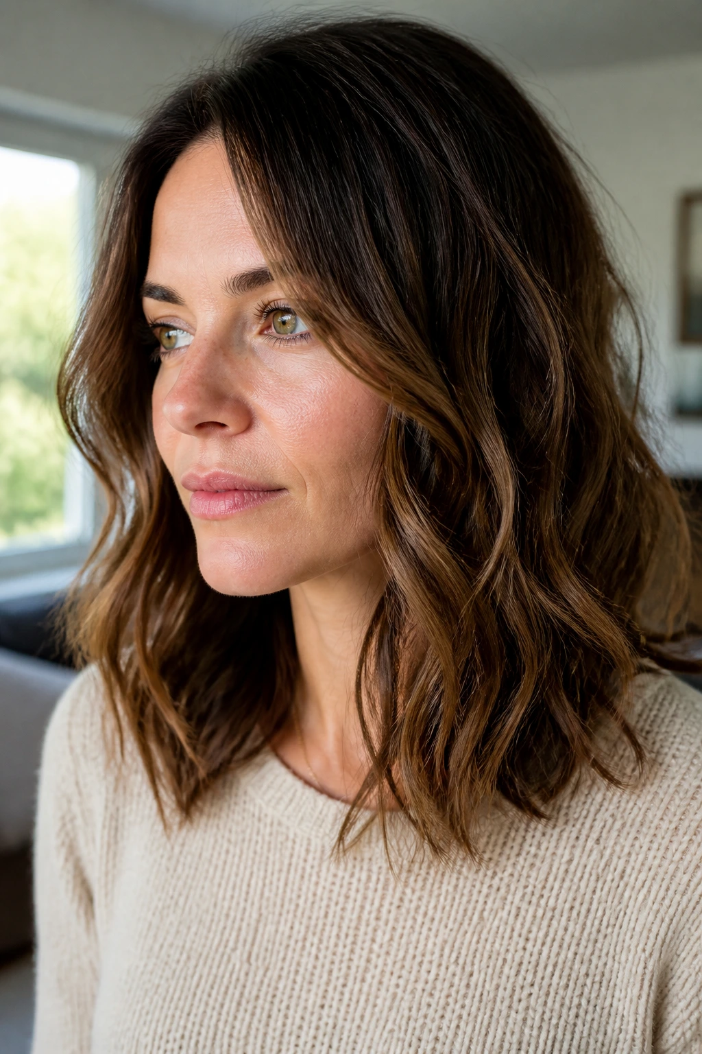 Close-up of a real person with wavy midi and invisible layers, soft light