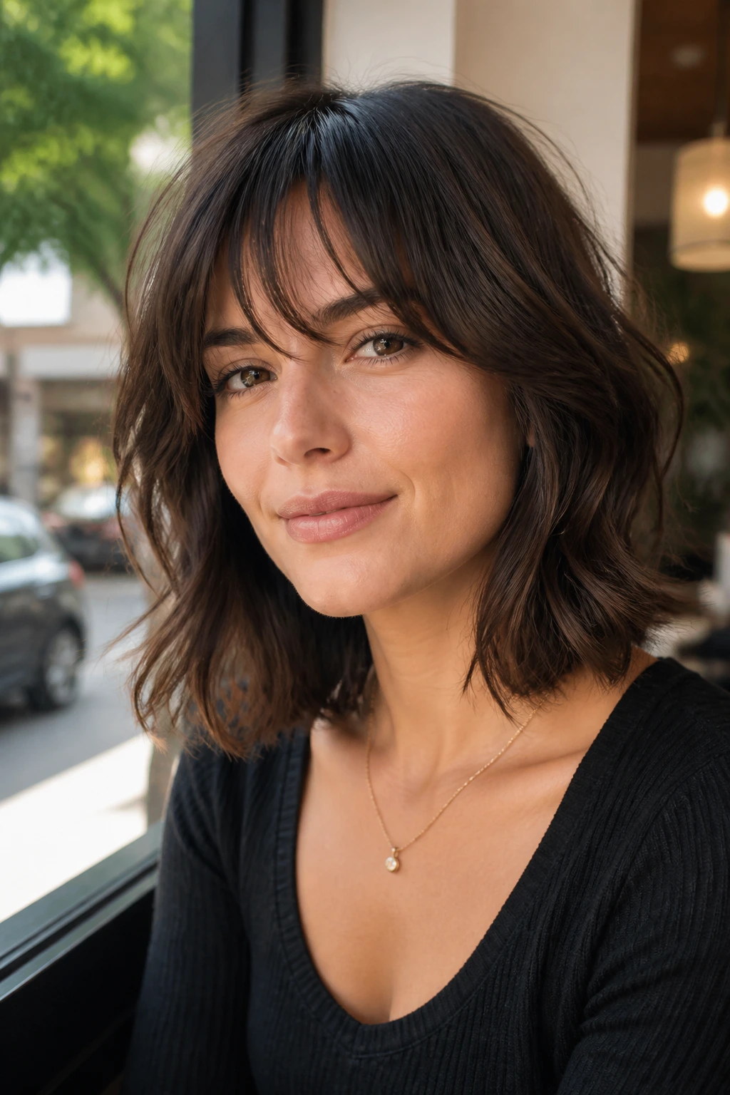 Portrait of brunette with invisible layers wispy bangs in soft cafe lighting.