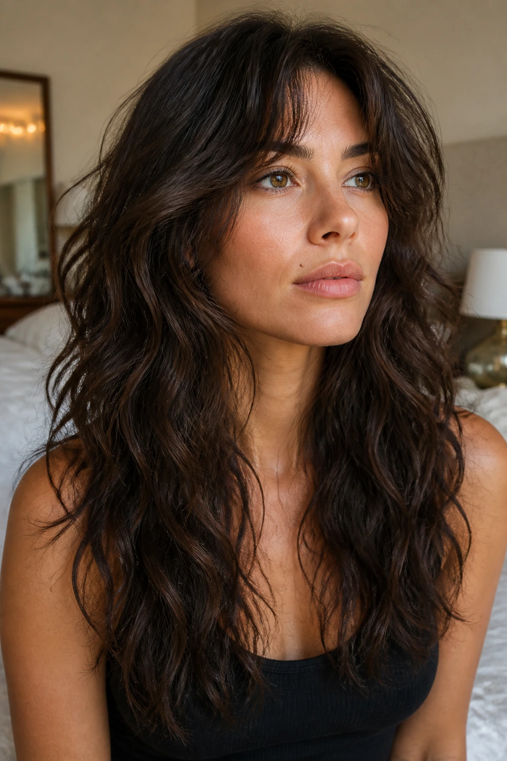 Portrait of a woman with invisible-weight wolf hairstyle