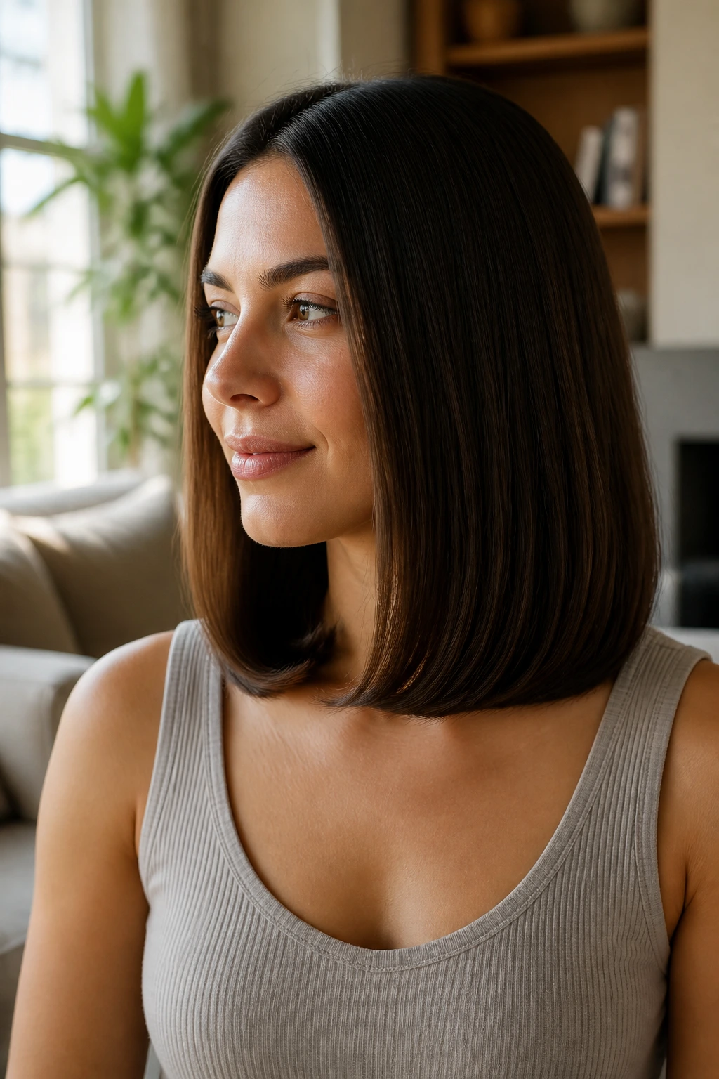 Close-up of inward-bent ends on shoulder-length thick hair.