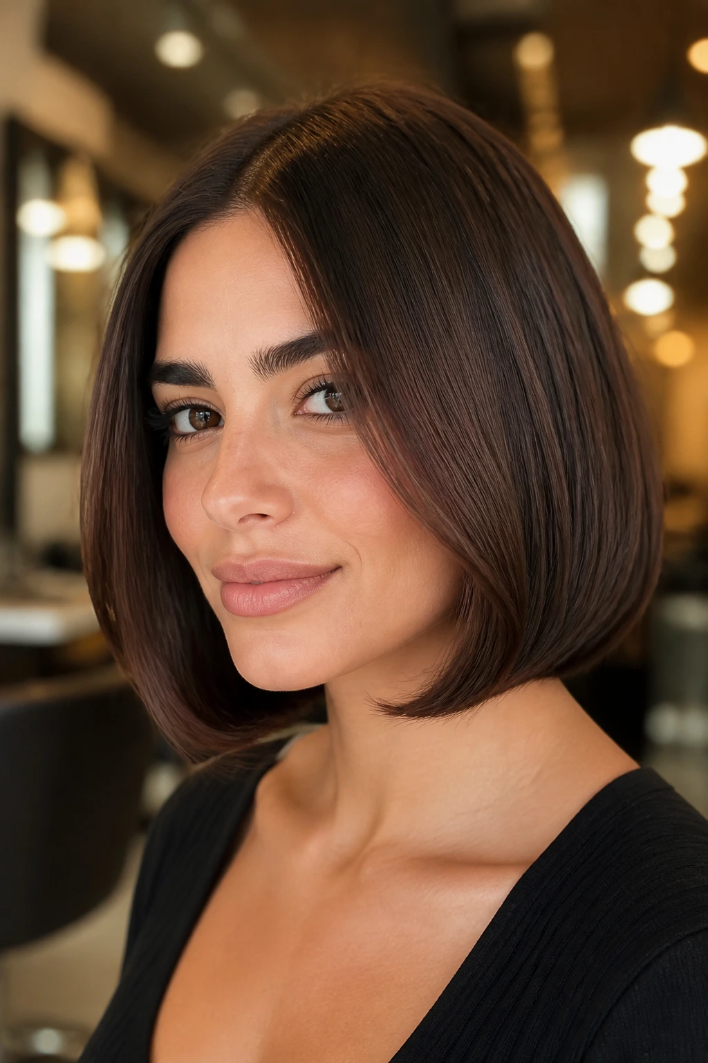 Close-up portrait of a real woman with an inward blowout bob and lifted crown