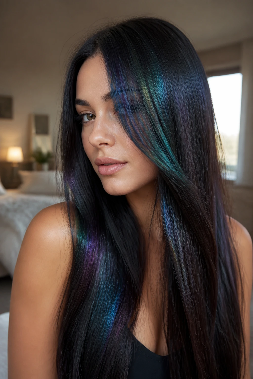 Close-up portrait of a real woman with iridescent oil-slick brunette hair reflecting green and violet in window light