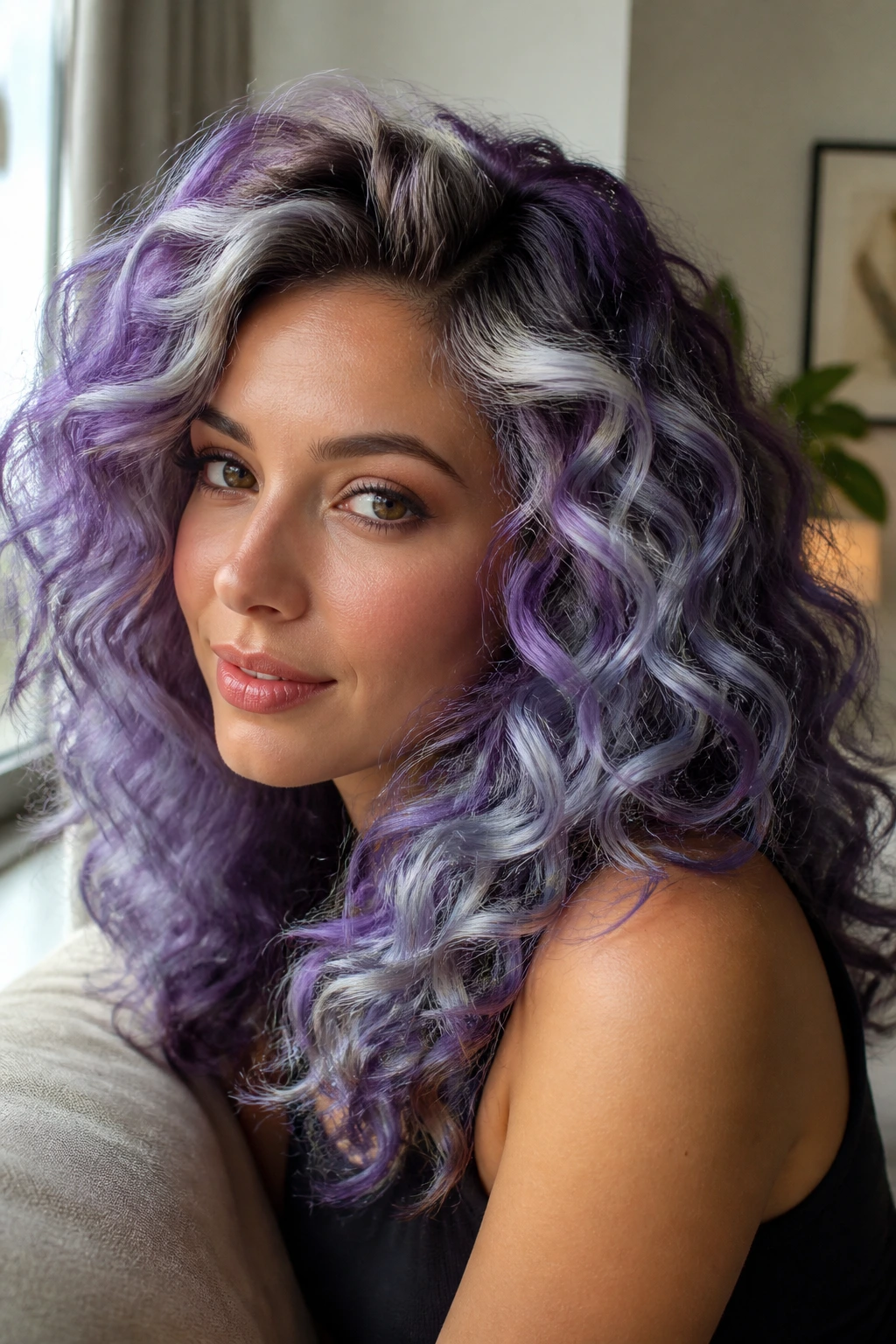 Close-up of curls with iridescent purple and silver tones