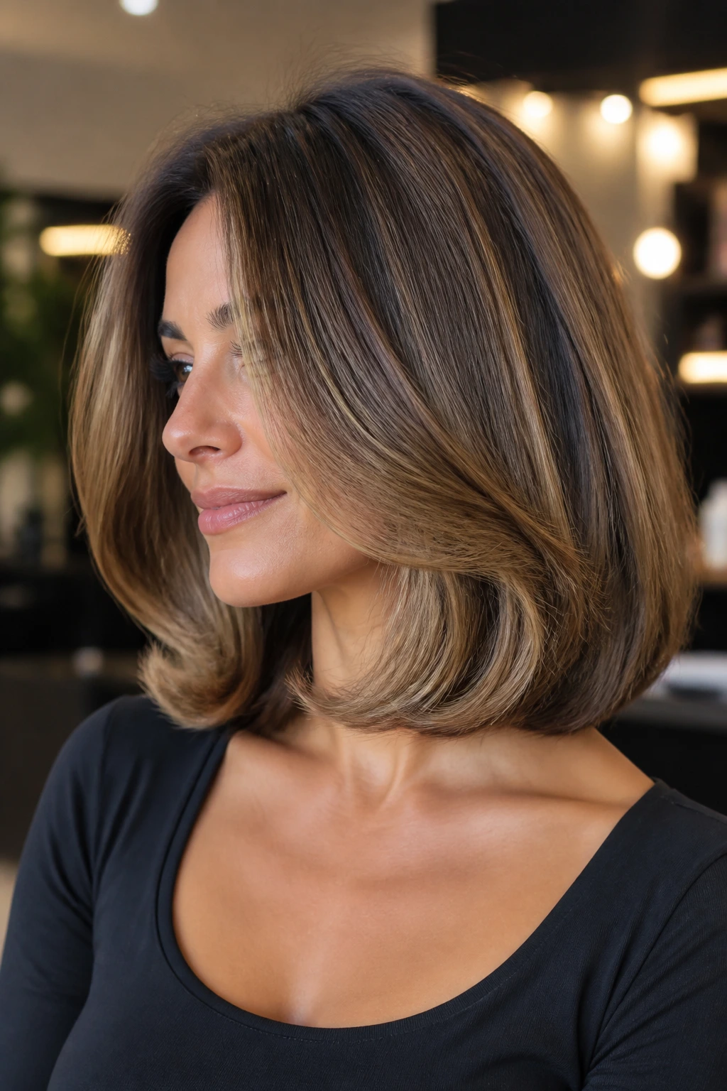 Portrait of a real woman with an Italian Blowout Lob showing roundness and shine