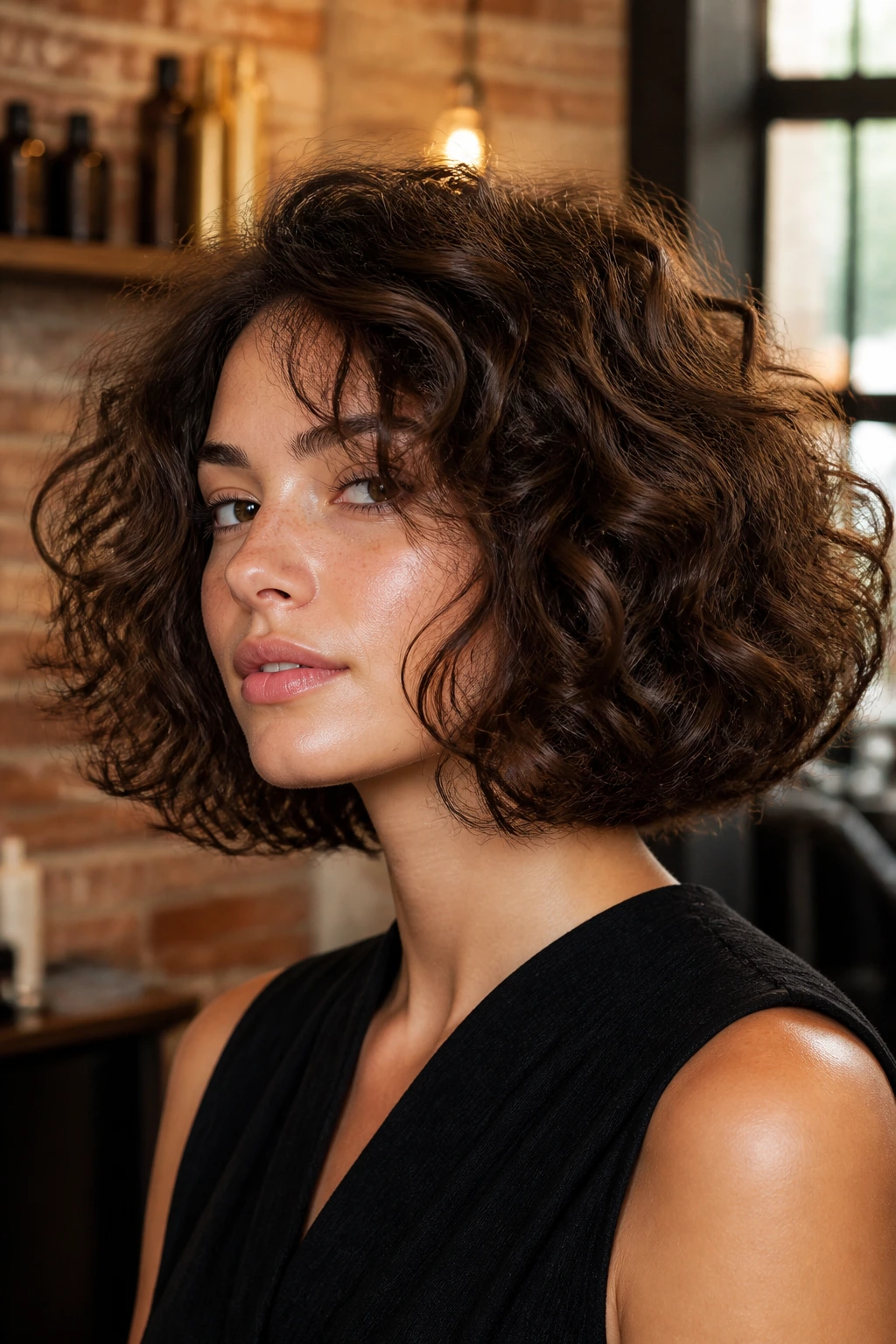 Close-up of a real woman with Italian Bob With Big Airy Shape showing crown lift and voluminous curls.