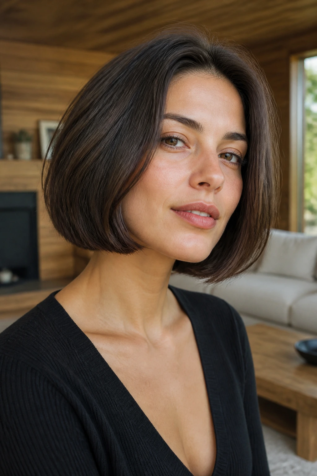 Close-up portrait of a real woman with an Italian bob with more body
