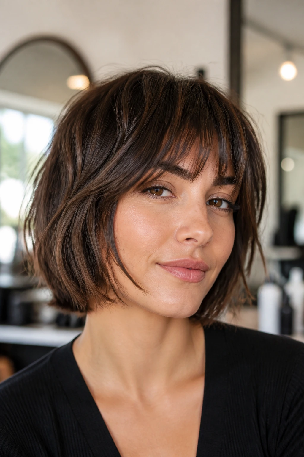 Close-up of a real woman with an Italian bob and broken-up bangs in a bright salon