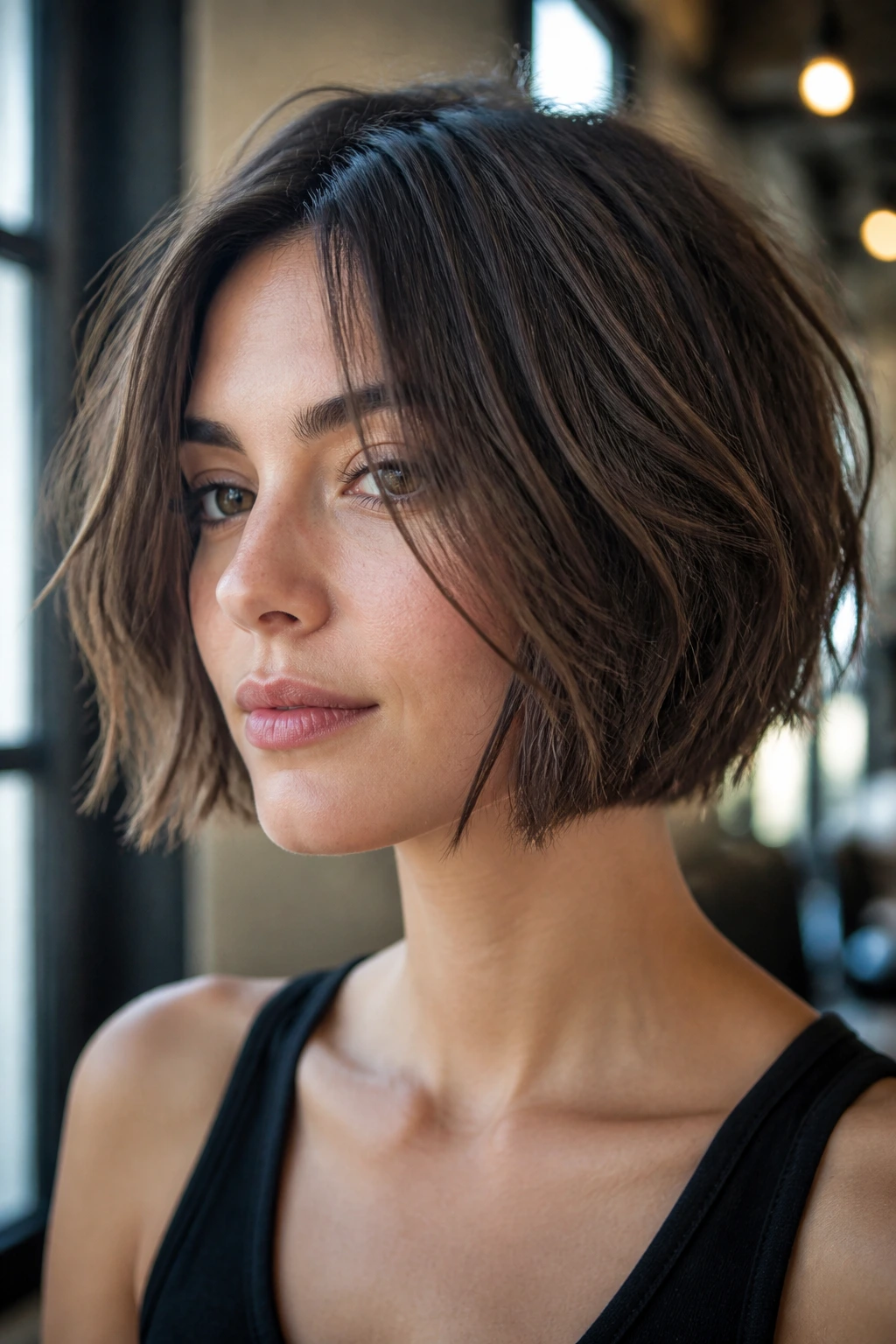 Close-up portrait of a real person with Italian Bob With Broken Ends, chin-length textured ends