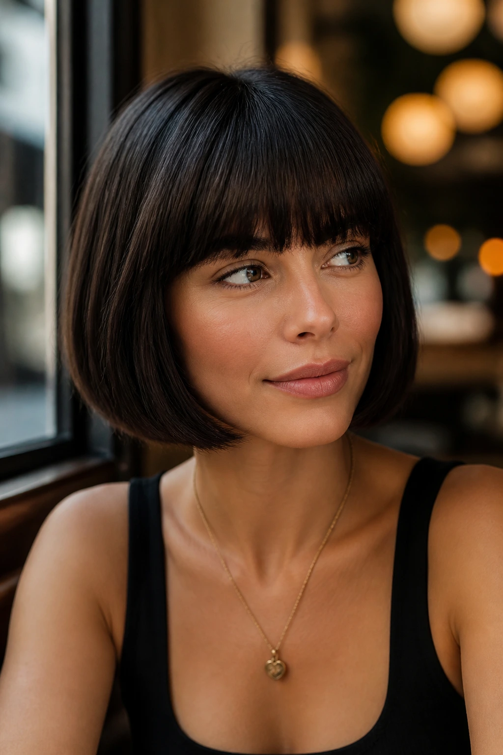 Portrait of a woman with brow-grazing bangs and Italian bob