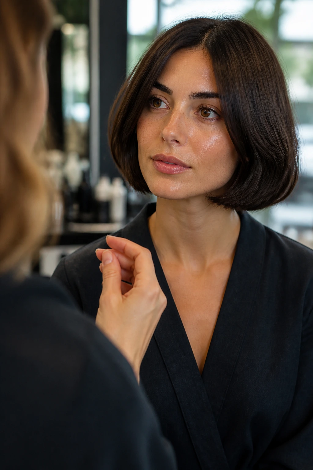 Portrait of a real person with Italian bob during a salon consultation