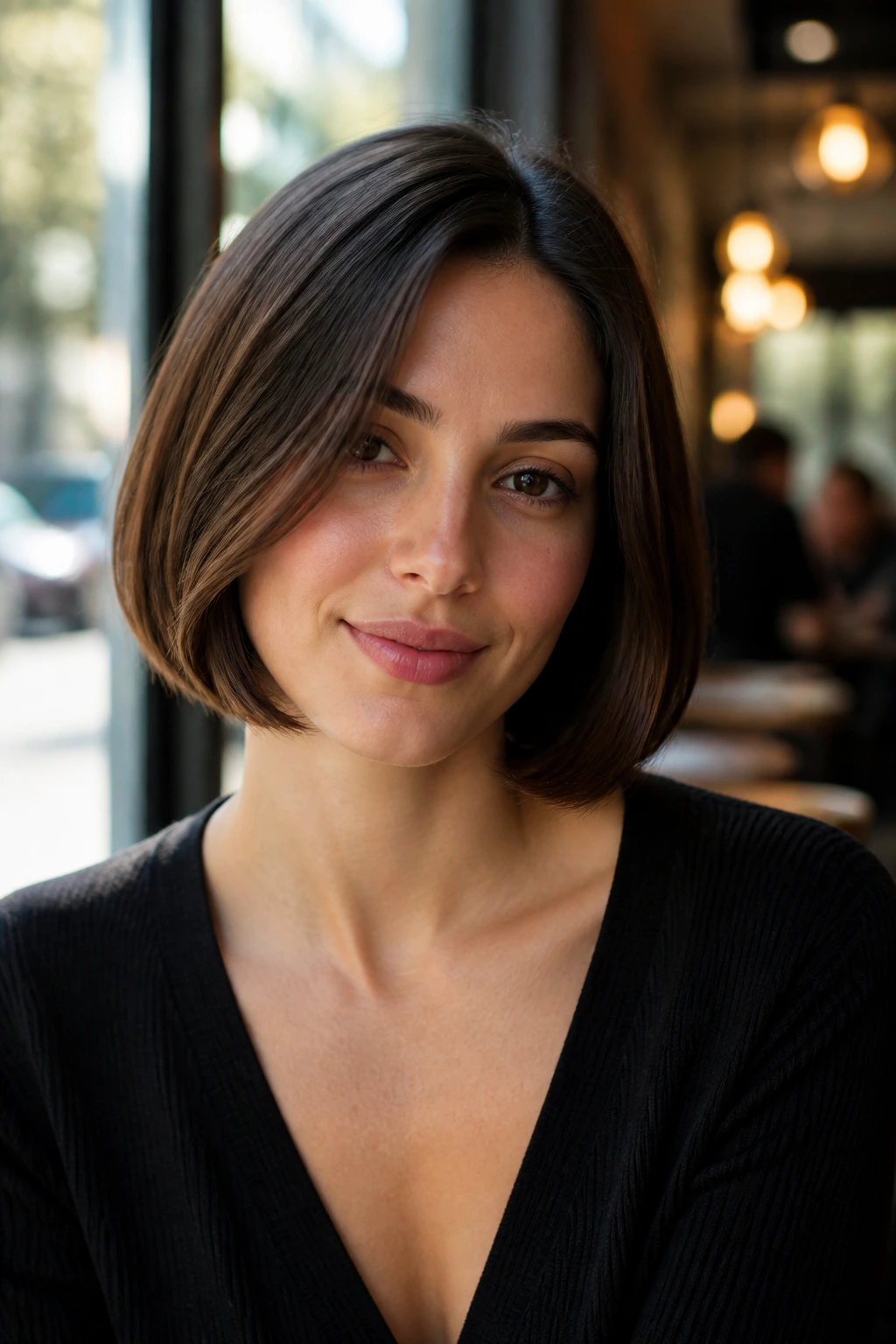 Portrait of a real woman with Italian bob and clean full ends