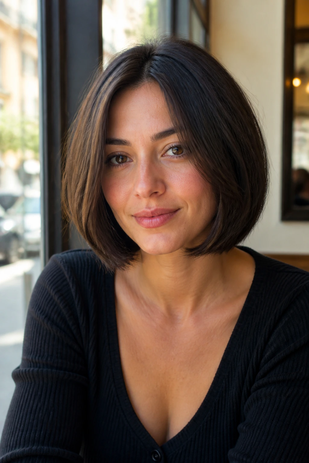 Portrait of a real woman with an Italian bob for fine hair showing rounded silhouette