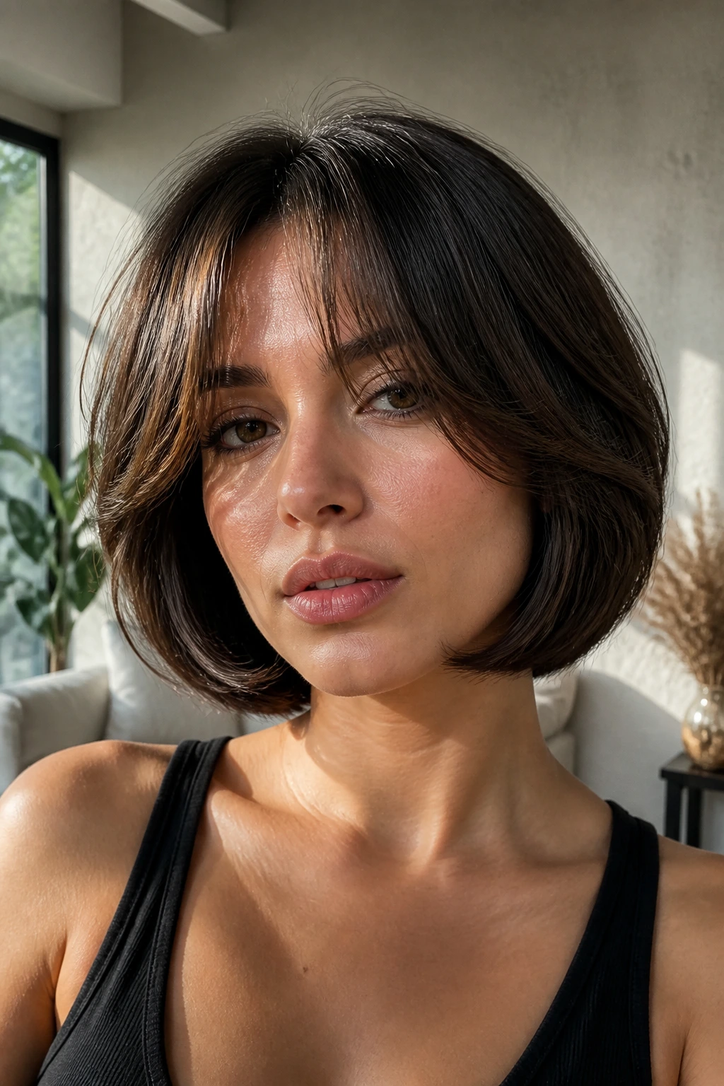 Portrait of a person with an Italian bob and full face frame, curtain bangs opening softly