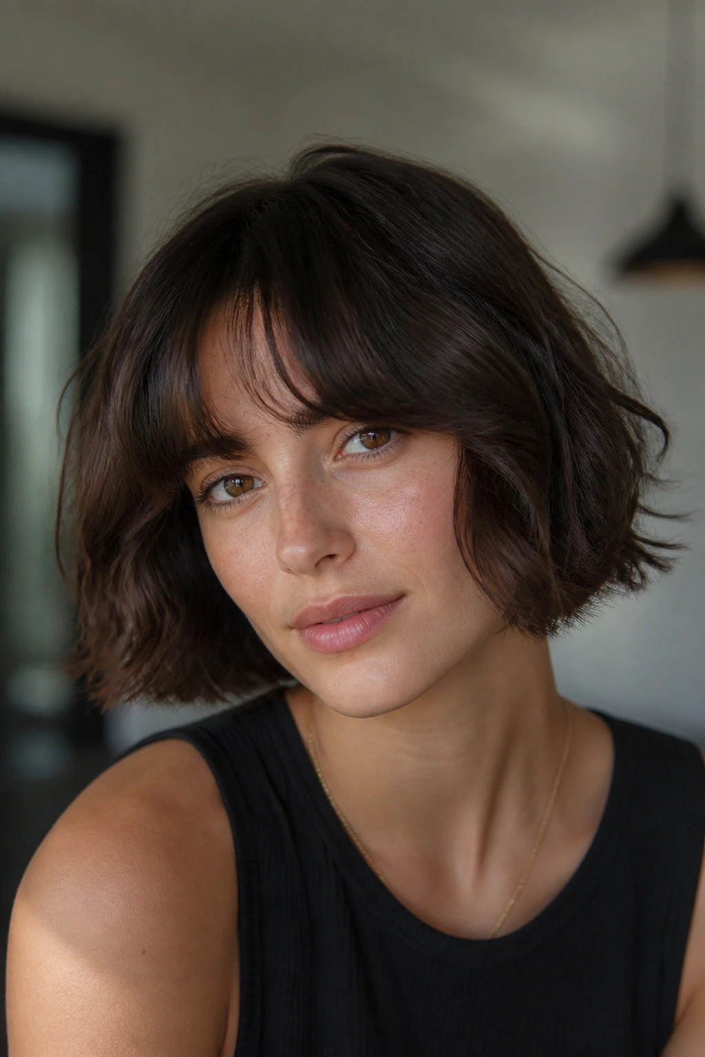 Person with fringe-first variation of the Italian bob