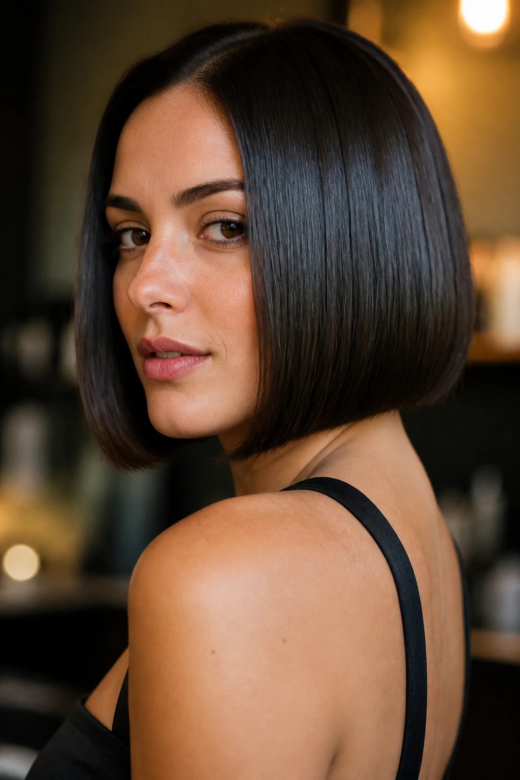 Close-up of a real woman with a glossy, glass-polish Italian bob under indoor light