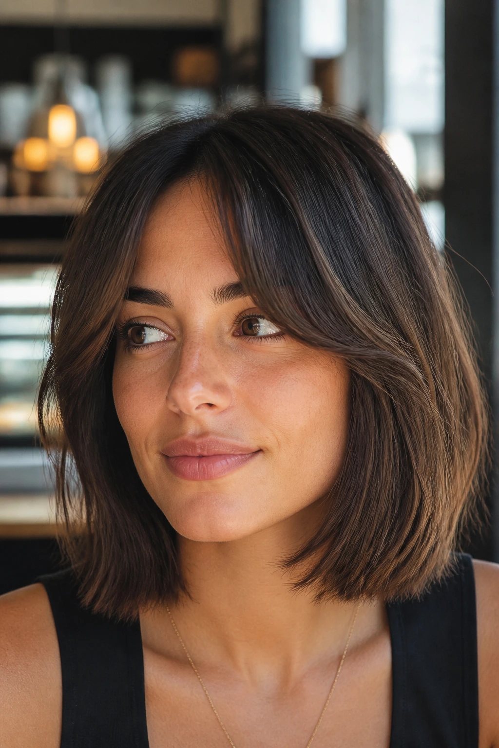 Portrait of a real person with Italian bob-grown-out mid-length cut and middle-part bangs in natural cafe light