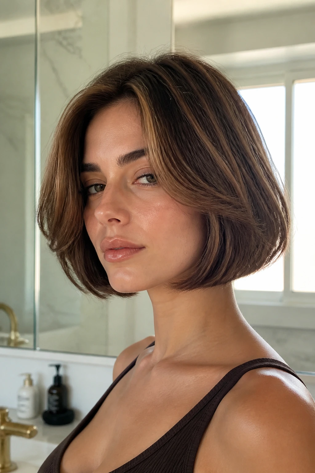 Portrait of a real woman with an Italian bob featuring rounded ends and mid-length body