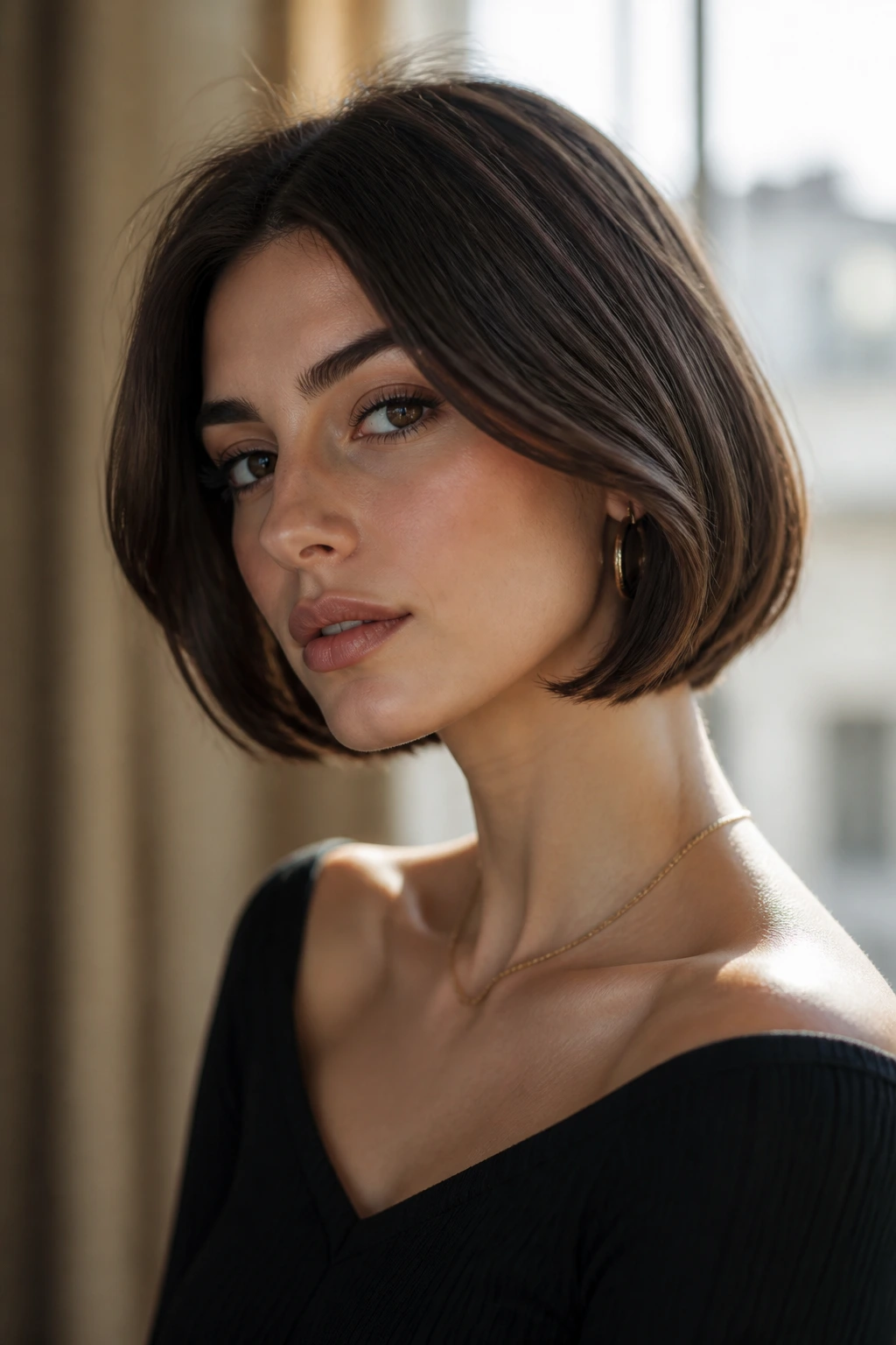 Close-up portrait of a real woman with an Italian bob showing a soft inward bend and sleek top