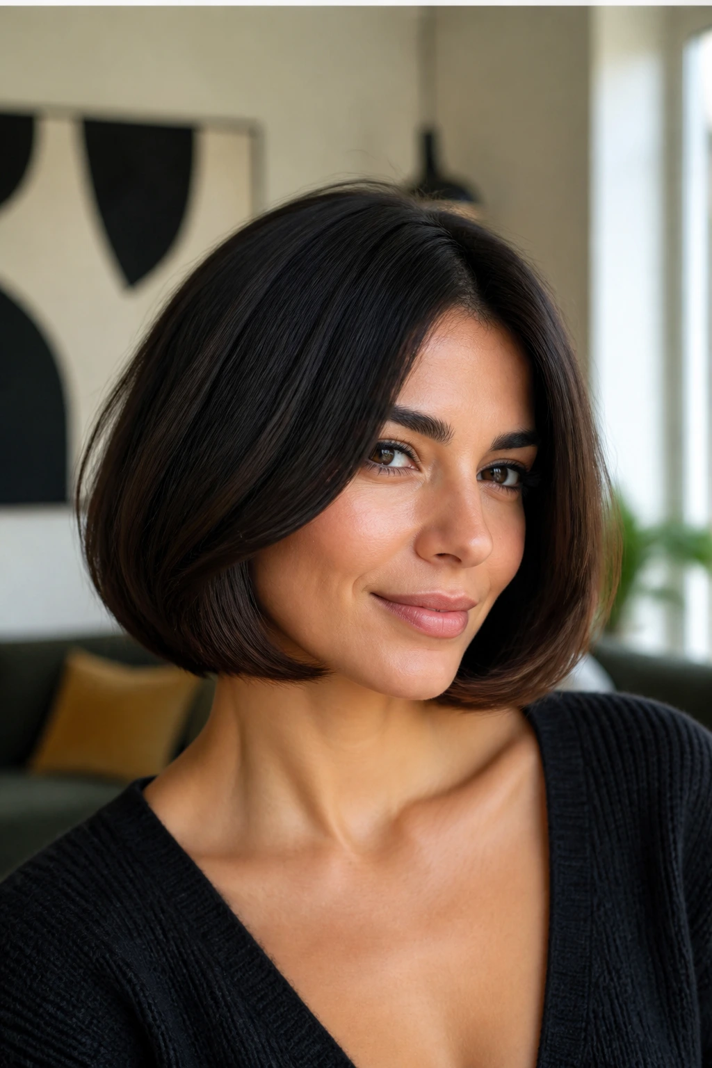 Real woman with Italian bob hairstyle in a stylish living room