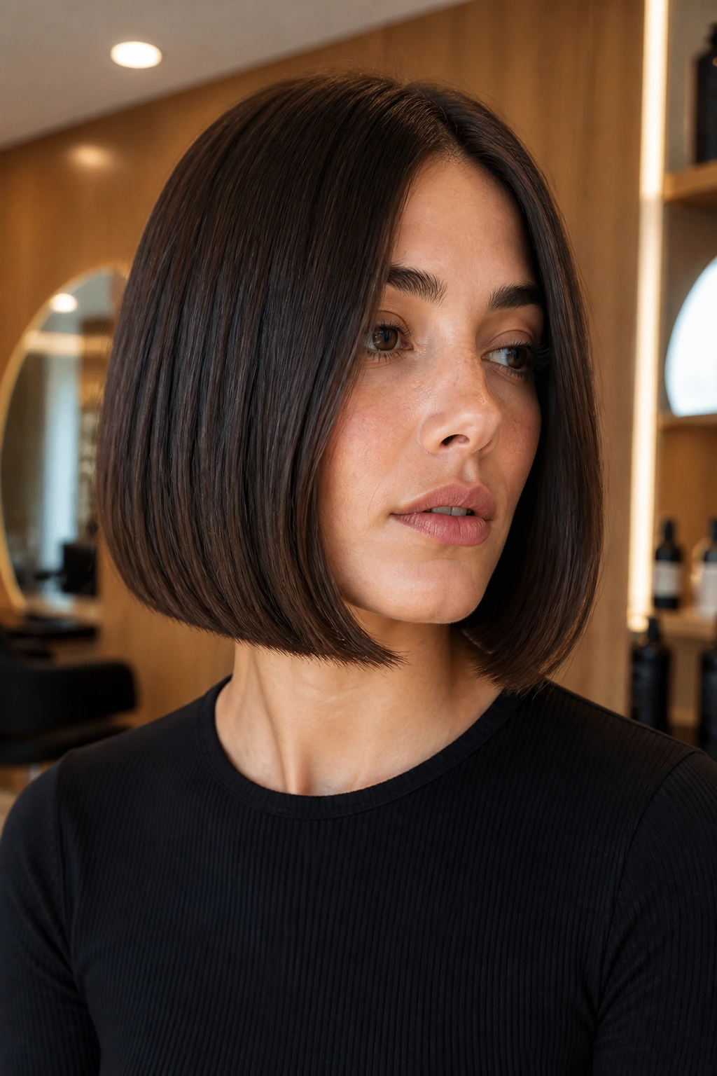 Close-up portrait of a real woman with an Italian bob and heavy ends