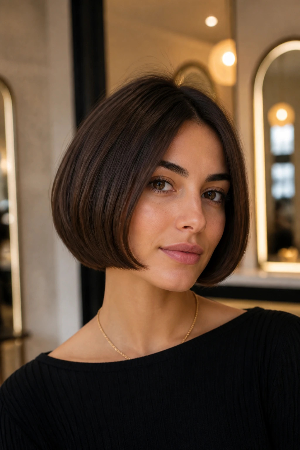 Portrait of woman with Italian bob at jaw length in a chic salon with warm light