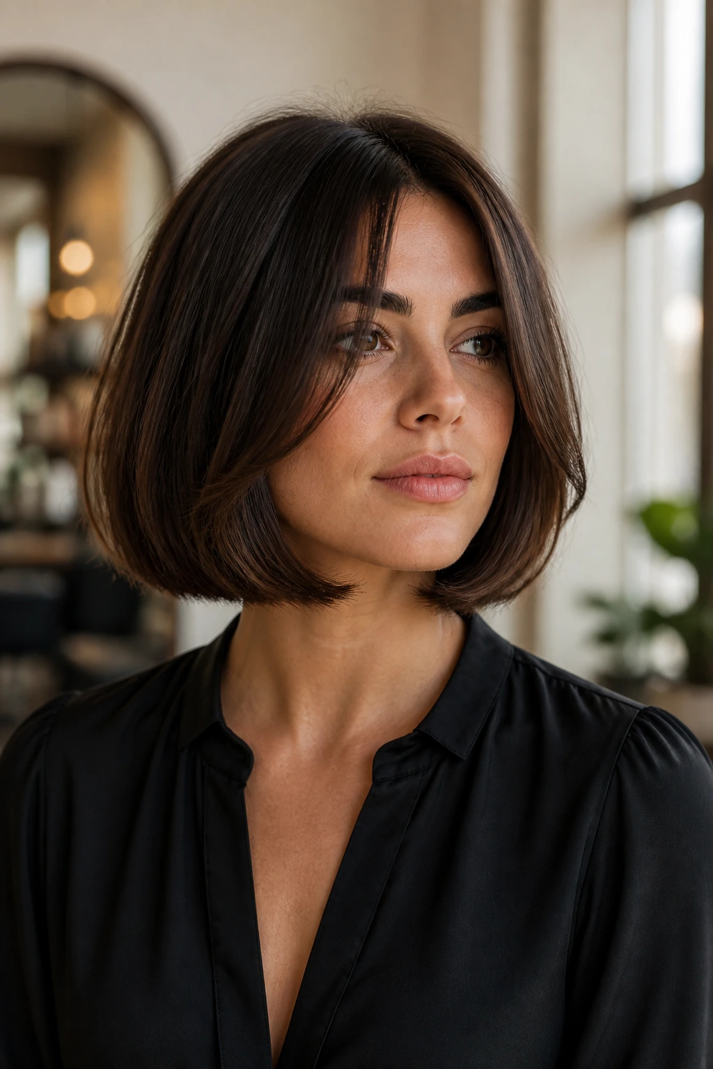 Close-up portrait of a real woman with an Italian bob showing weight at the ends and a soft bend, in window-lit salon.