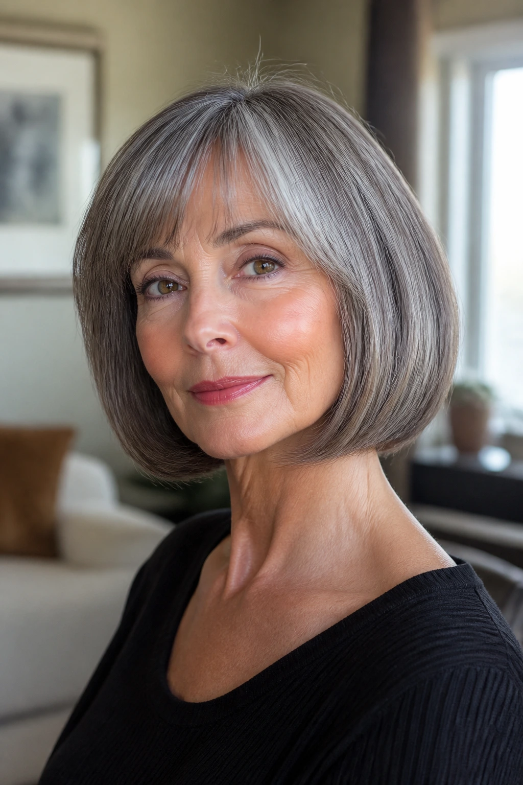 Close-up of a real woman with an Italian bob in a stylish living room