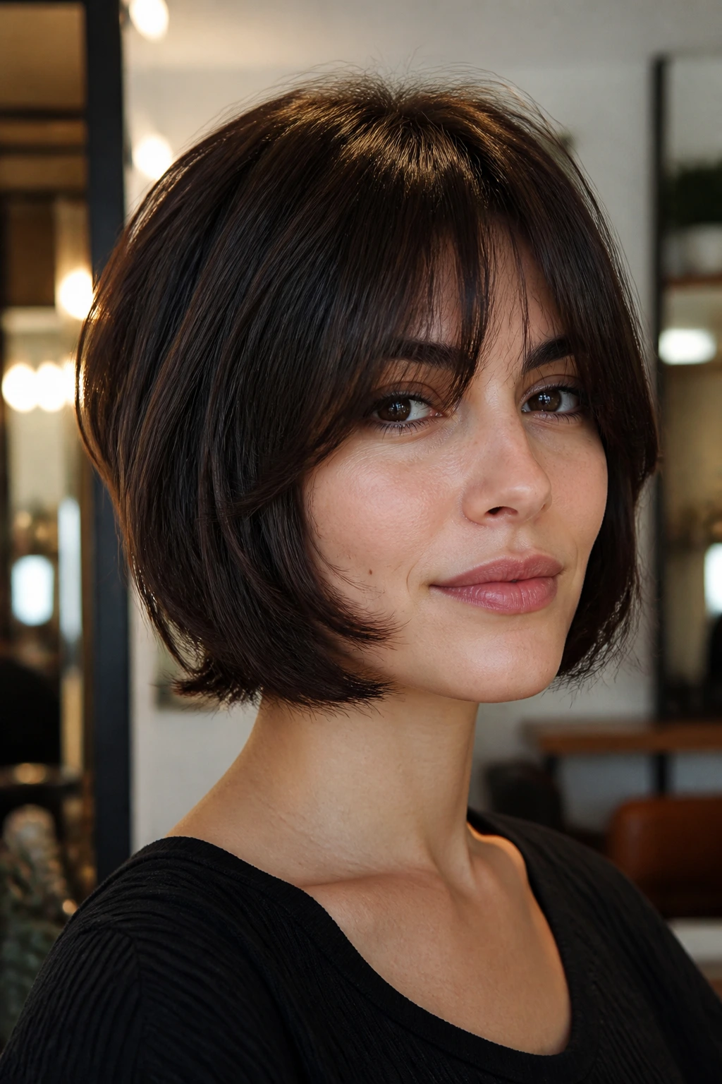 Close-up of a woman with an Italian bob shag showing polished roots and soft jawline bend