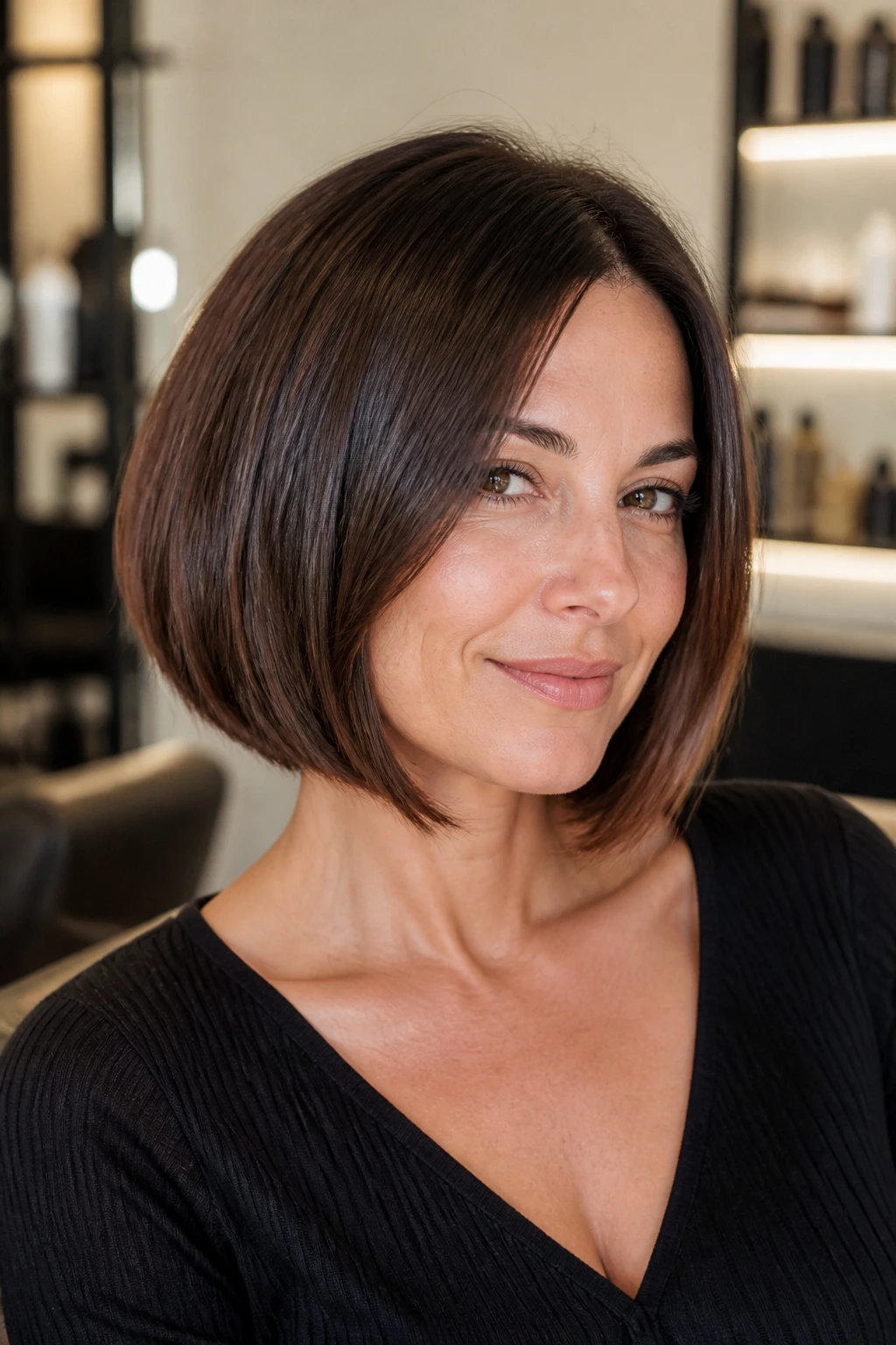 Portrait of a real woman with a timeless Italian bob showing balanced shape and movement in a salon setting.